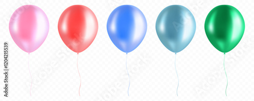Realistic bunch of glossy flying helium balloons. Birthday party balloon composition isolated on transparent background. Premium quality vector