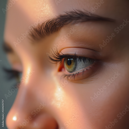Close-Up of a Woman's Eye with Golden Highlights and Detailed Eyelashes – Beauty and Vision Concept