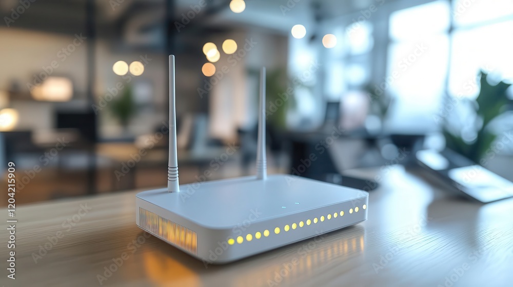 Wireless networking, close-up of routers and devices connecting wirelessly, bright modern office Wireless networking, close-up of routers and devices connecting wirelessly, bright modern office