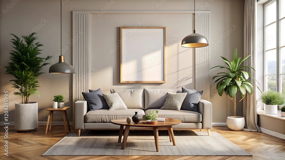 Fototapeta premium Modern living room interior background, wall mockup, 3d render