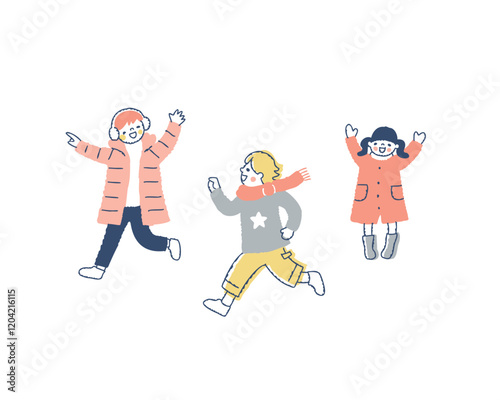 元気に遊ぶ冬服の子供達
