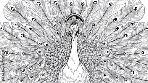 Elegant monochrome peacock with intricate feather details ready for coloring book