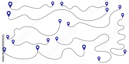 Travel vector icon. Travel from start point and dotted line tracing. Route icon between two points with dotted path and location pin. Location pointer continuous one line drawing. GPS navigation line 