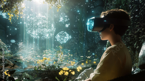 Young girl exploring a magical forest through virtual reality headset