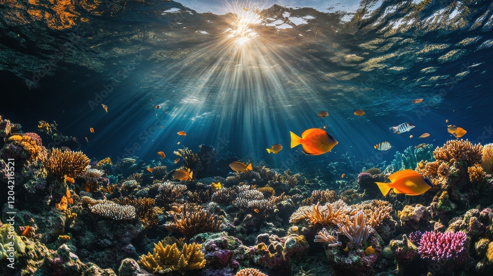 Fototapeta premium Vibrant coral reef teeming with colorful fish illuminated by sunlight in clear blue water
