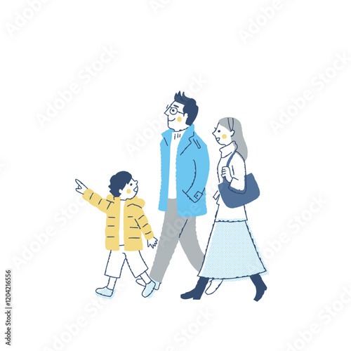 笑顔で歩く冬服の3人家族