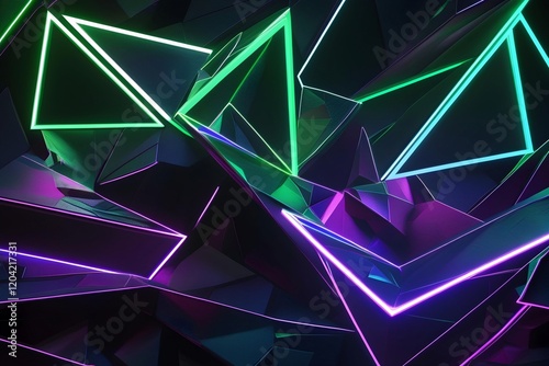 jagged, interlocking triangular and polygonal shapes with glowing edges in neon green, blue, or purple on a deep black background