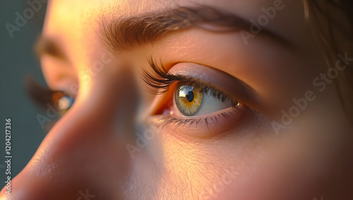 Close-Up of a Woman's Eye with Golden Highlights and Detailed Eyelashes – Beauty and Vision Concept