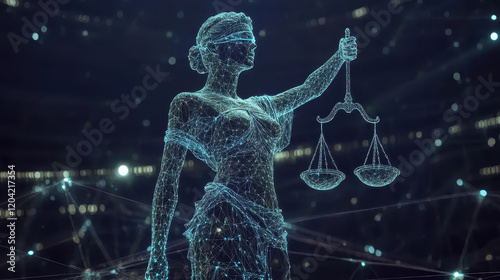 Digital Lady Justice holding scales of justice futuristic concept