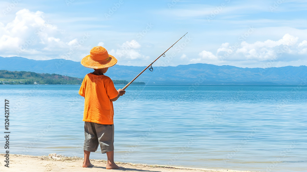 Boy fishing on tropical beach, mountains in background, summer vacation Boy fishing on tropical beach, mountains in background, summer vacation