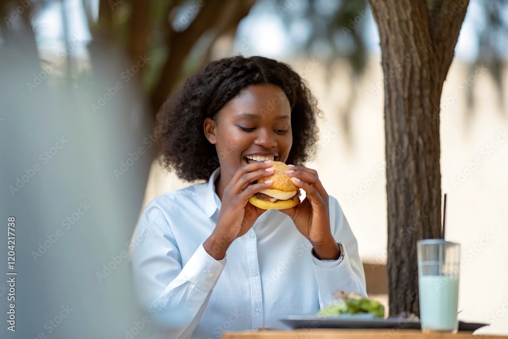 Woman Enjoying a Meal While Sitting Under a Shady Tree, Female enjoys eating a fresh burger concept. Woman Enjoying a Meal While Sitting Under a Shady Tree, Female enjoys eating a fresh burger concept.