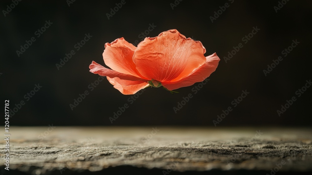 Bright Red Rose Petal Floating in the Air Against a Dark Background Bright Red Rose Petal Floating in the Air Against a Dark Background