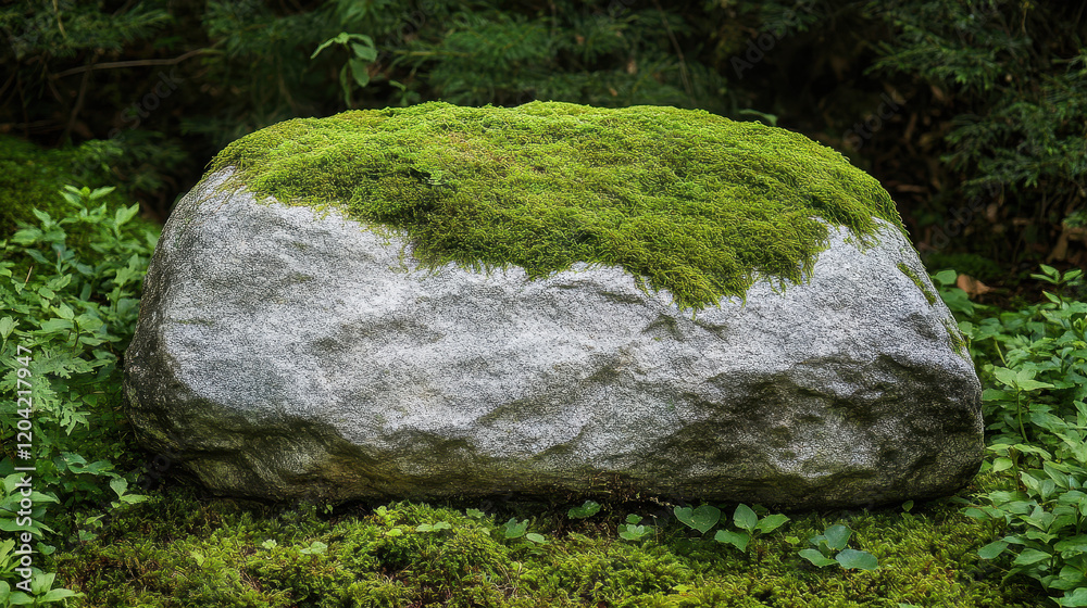 Moss Covered Granite Boulder in a Lush Green Forest
