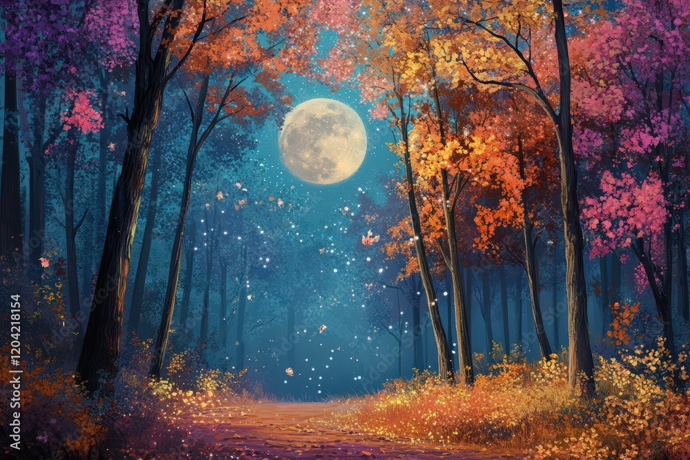 Fototapeta premium Autumnal Forest Path Underneath a Bright Moon