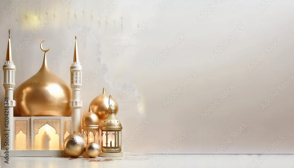 Beautifully Illuminated Mosque with Golden Domes and Minarets Under a Starry Night Sky with Hanging Lights Beautifully Illuminated Mosque with Golden Domes and Minarets Under a Starry Night Sky with Hanging Lights