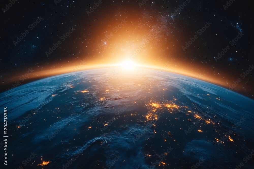 Planet earth rotating in space with rising sun and city lights at night Planet earth rotating in space with rising sun and city lights at night