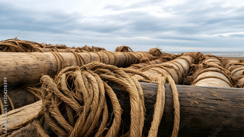 Coastal Logs Bound by Rope on Sandy Beach Coastal Logs Bound by Rope on Sandy Beach