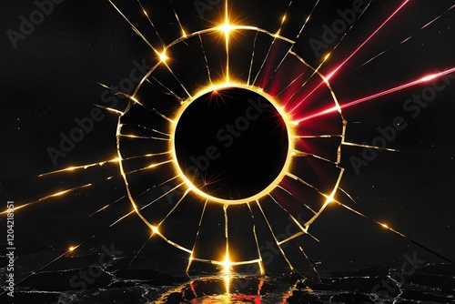 broken circular patterns resembling fragmented eclipses, with light rays piercing through the cracks in gold and crimson against a deep, shadowy black photo