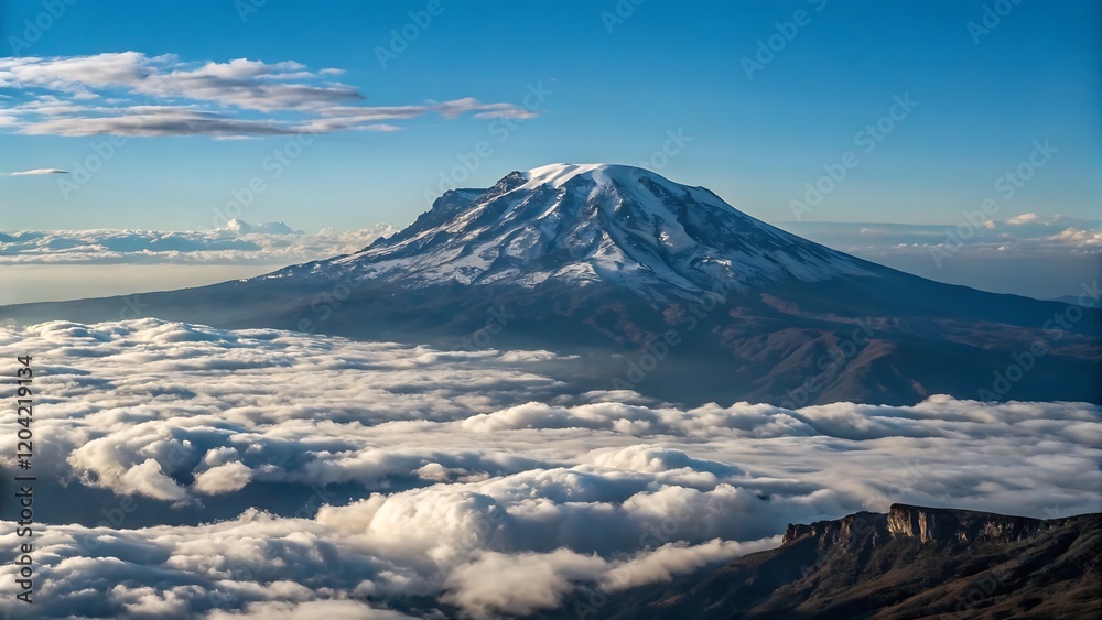 Snow-Capped Mountain Peak Emerging Above the Clouds with a Clear Blue Sky for Scenic and Adventure Inspirations Snow-Capped Mountain Peak Emerging Above the Clouds with a Clear Blue Sky for Scenic and Adventure Inspirations