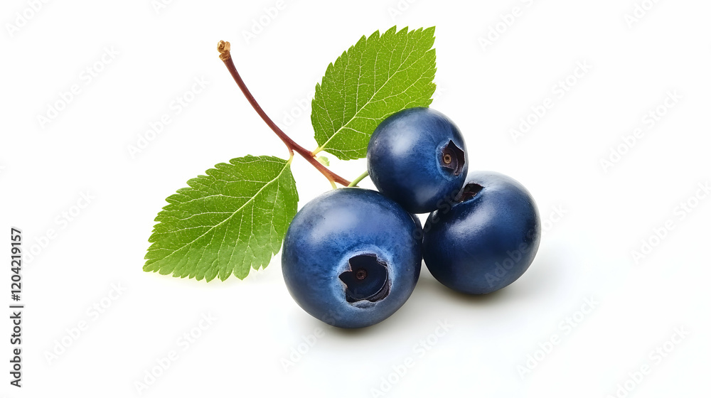 Fresh blueberries on branch with leaves, isolated on white background, for food packaging or recipe websites Fresh blueberries on branch with leaves, isolated on white background, for food packaging or recipe websites
