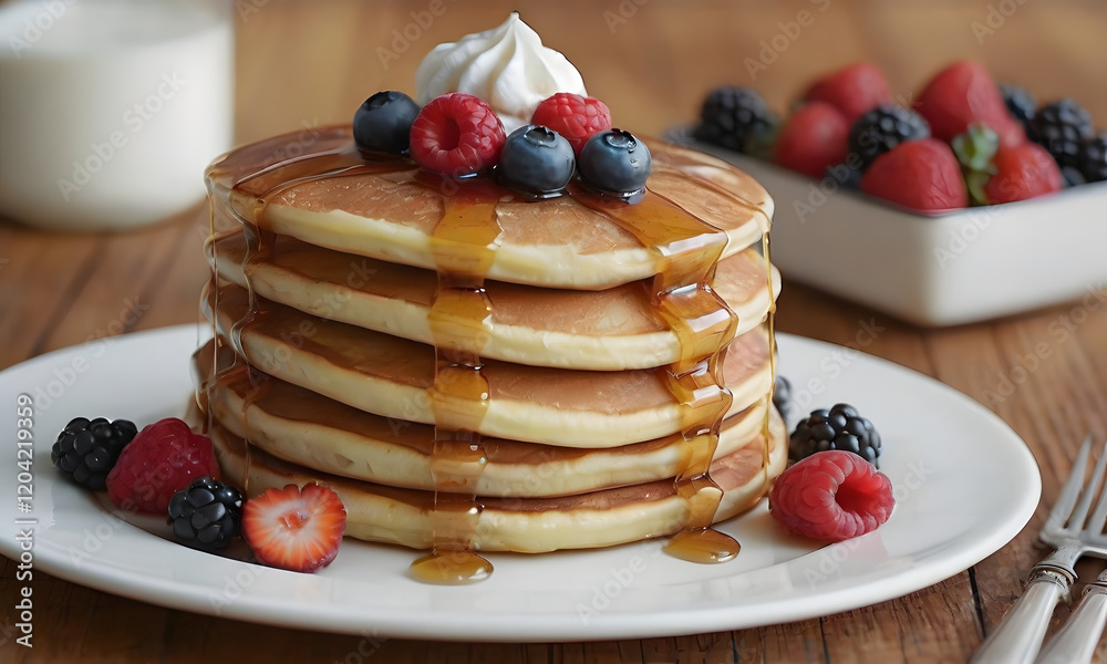 custom made wallpaper toronto digitalStacked fluffy pancakes, dripping golden syrup, fresh berries, white plate, soft lighting, food photography, shallow depth of field, appetizing breakfast, rustic table setting, high-resolution detail
