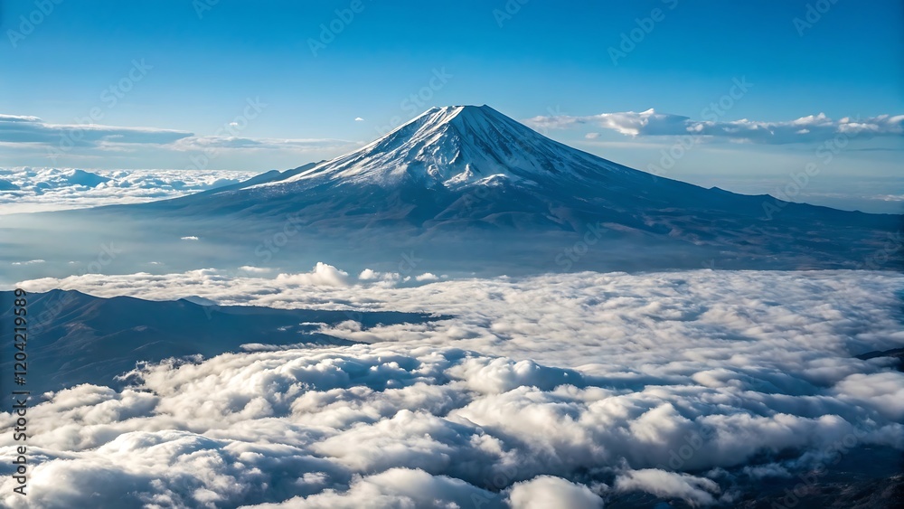 Snow-Capped Mountain Peak Emerging Above the Clouds with a Clear Blue Sky for Scenic and Adventure Inspirations Snow-Capped Mountain Peak Emerging Above the Clouds with a Clear Blue Sky for Scenic and Adventure Inspirations