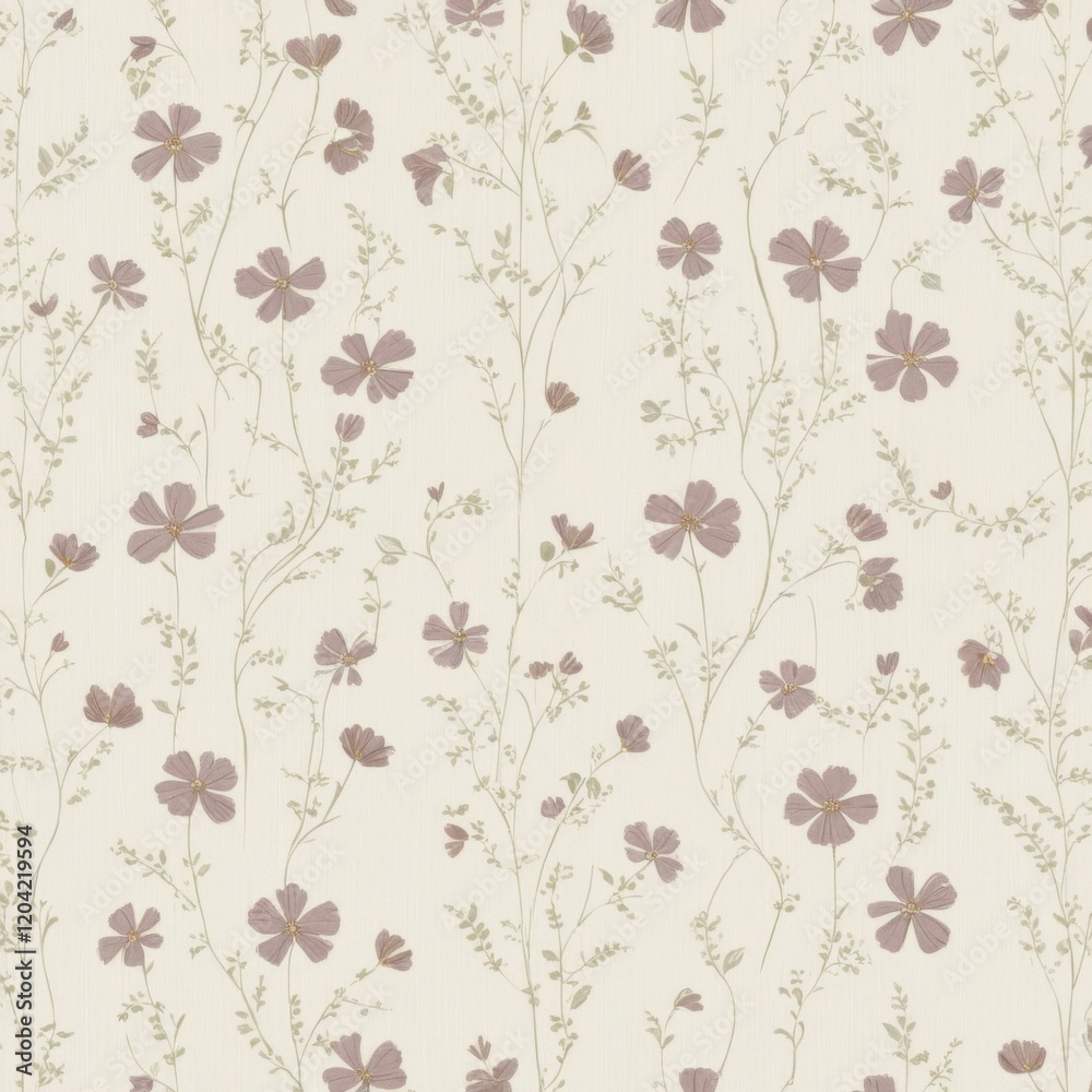 Seamless wallpaper pattern of small, ditsy floral print in muted mauve and sage green on a cream background Seamless wallpaper pattern of small, ditsy floral print in muted mauve and sage green on a cream background