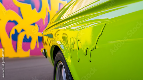 Lime green classic car parked near graffiti wall, urban backdrop. Ideal for automotive, vintage, and street art themes photo