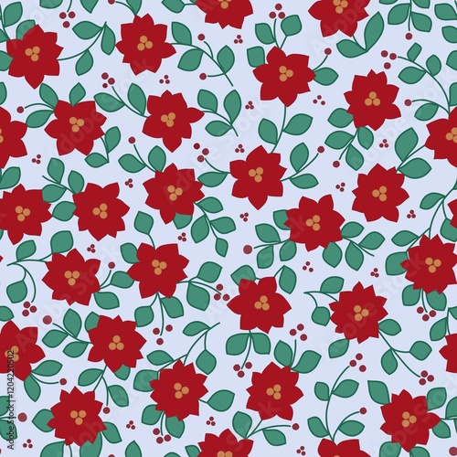 Seamless Pattern of Red Flowers with Green Leaves on Soft Pastel Background. Ideal for festive or decorative projects and creative designs