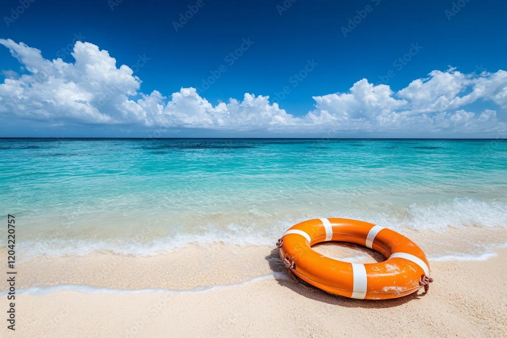 Orange lifebuoy resting on tropical sandy beach under blue sky Orange lifebuoy resting on tropical sandy beach under blue sky