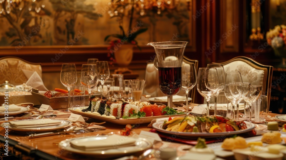 An elegant dinner party in a luxury villa with a beautifully set table, foie gras, steak, and crème brûlée, guests in formal attire, sipping champagne An elegant dinner party in a luxury villa with a beautifully set table, foie gras, steak, and crème brûlée, guests in formal attire, sipping champagne