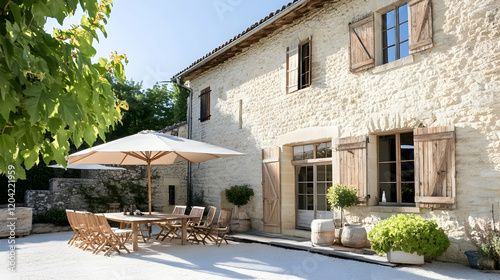 Stone farmhouse patio, outdoor dining, sunny courtyard, French countryside, vacation rental