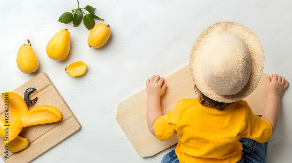 Toddler playing with yellow fruits, top view, white background, summer mood, food blog imagery Toddler playing with yellow fruits, top view, white background, summer mood, food blog imagery