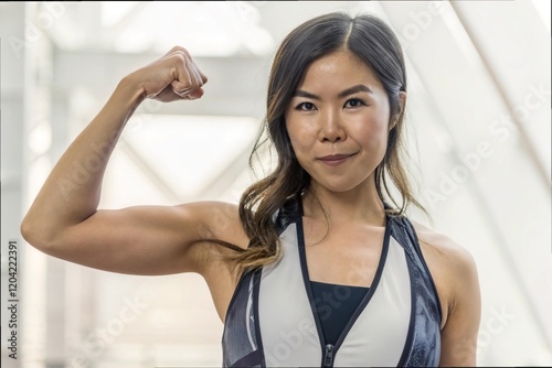 Confident Woman in Sporty Outfit Flexing Arm with Strength and Power, Woman flexing her arm with pride concept.