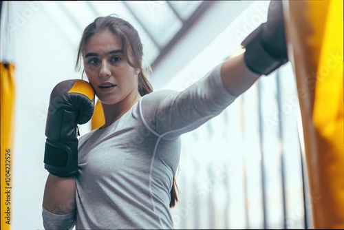 Energetic Young Woman Flexing Arm in Boxing Gear in Training Session, Woman flexing her arm with pride concept.
