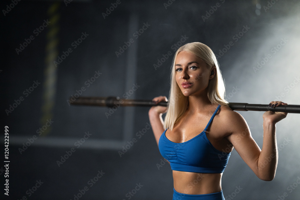 girl athlete lifts barbell in gym showcasing her strength and determination during evening workout. atmosphere emphasizes focus on fitness and improvement.
