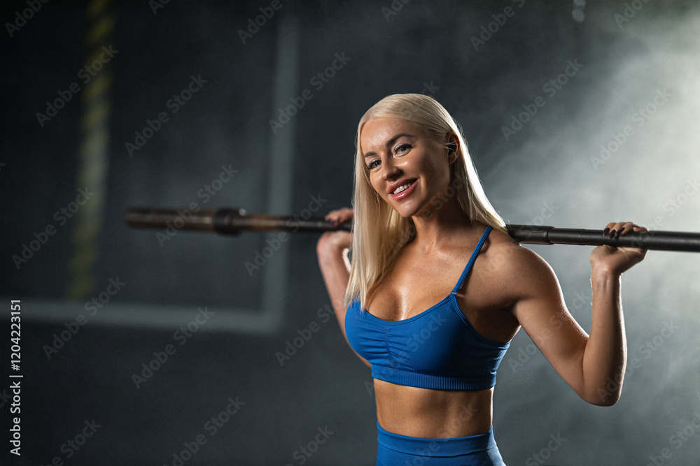 dedicated girl athlete engages in strength training loaded barbell resting on her shoulders. She showcases determination in well lit gym environment during afternoon workout. dedicated girl athlete engages in strength training loaded barbell resting on her shoulders. She showcases determination in well lit gym environment during afternoon workout.