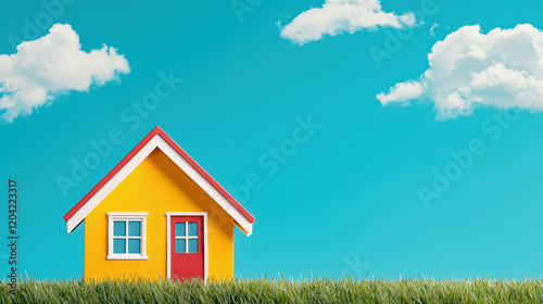 Wallpaper Mural Bright yellow house with red roof against blue sky Torontodigital.ca