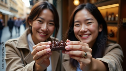 Close-up them tasting rich dark chocolates from renowned chocolatier Smiling Asian couple exploring a historic European city