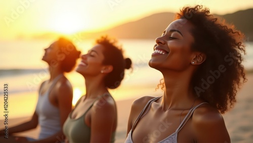Friends participating in guided relaxation eyes closed as sun begins to lower Smiling Black friends doing a yoga session on the beach