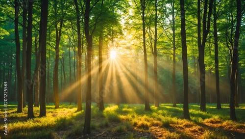 A panoramic photograph of a serene forest, with sunlight streaming through lush green foliage, casting warm beams and dappled shadows on a grass-covered forest floor.