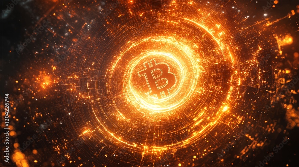 Obraz premium The image is an abstract representation of Bitcoin cryptocurrency, featuring a glowing orange circle with a stylized B symbol at its center.