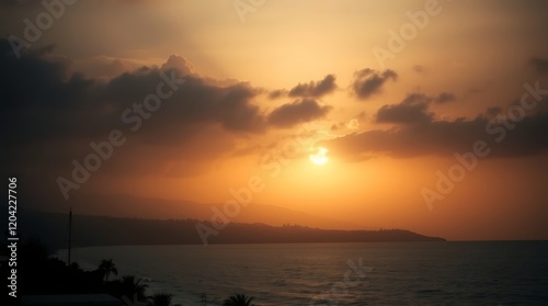Dramatic sunset over ocean and land.