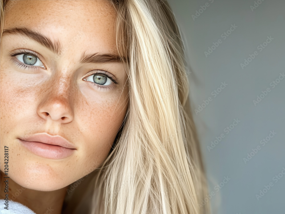 Close-Up Portrait of a Woman with Freckles and Blonde Hair in Natural Light Close-Up Portrait of a Woman with Freckles and Blonde Hair in Natural Light