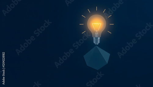 business idea creative concept technology. A light bulb illuminated above a polygon on a dark blue background, minimalism, with white tones