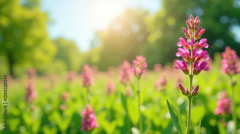 Vibrant Pink Flowers Blooming in a Sunny Meadow, bathed in the golden light of a summer afternoon, creating a serene and picturesque landscape Vibrant Pink Flowers Blooming in a Sunny Meadow, bathed in the golden light of a summer afternoon, creating a serene and picturesque landscape