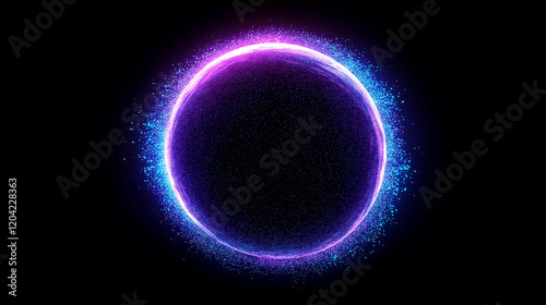 Glowing blue and purple abstract sphere of small particles like data flow on a dark background. Creative digital tech circle