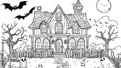 A spooky, black and white Halloween illustration with a haunted house, bats, ghosts and a full moon