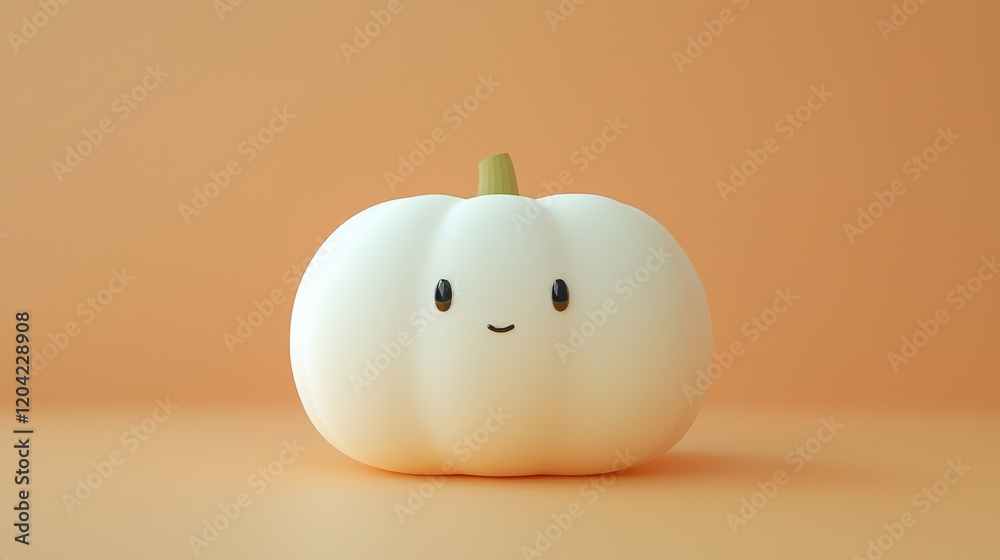 Cute Minimalistic White Pumpkin with Friendly Face on Soft Orange Background Cute Minimalistic White Pumpkin with Friendly Face on Soft Orange Background
