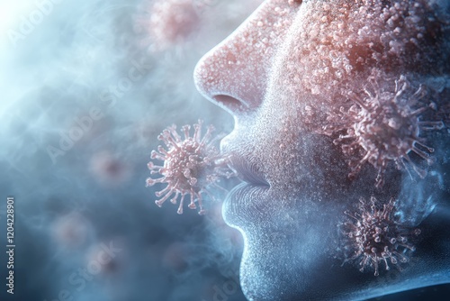 Human face surrounded by abstract representations of viruses, showcasing the impact of disease and biological threats on health and humanity's fight against infection.